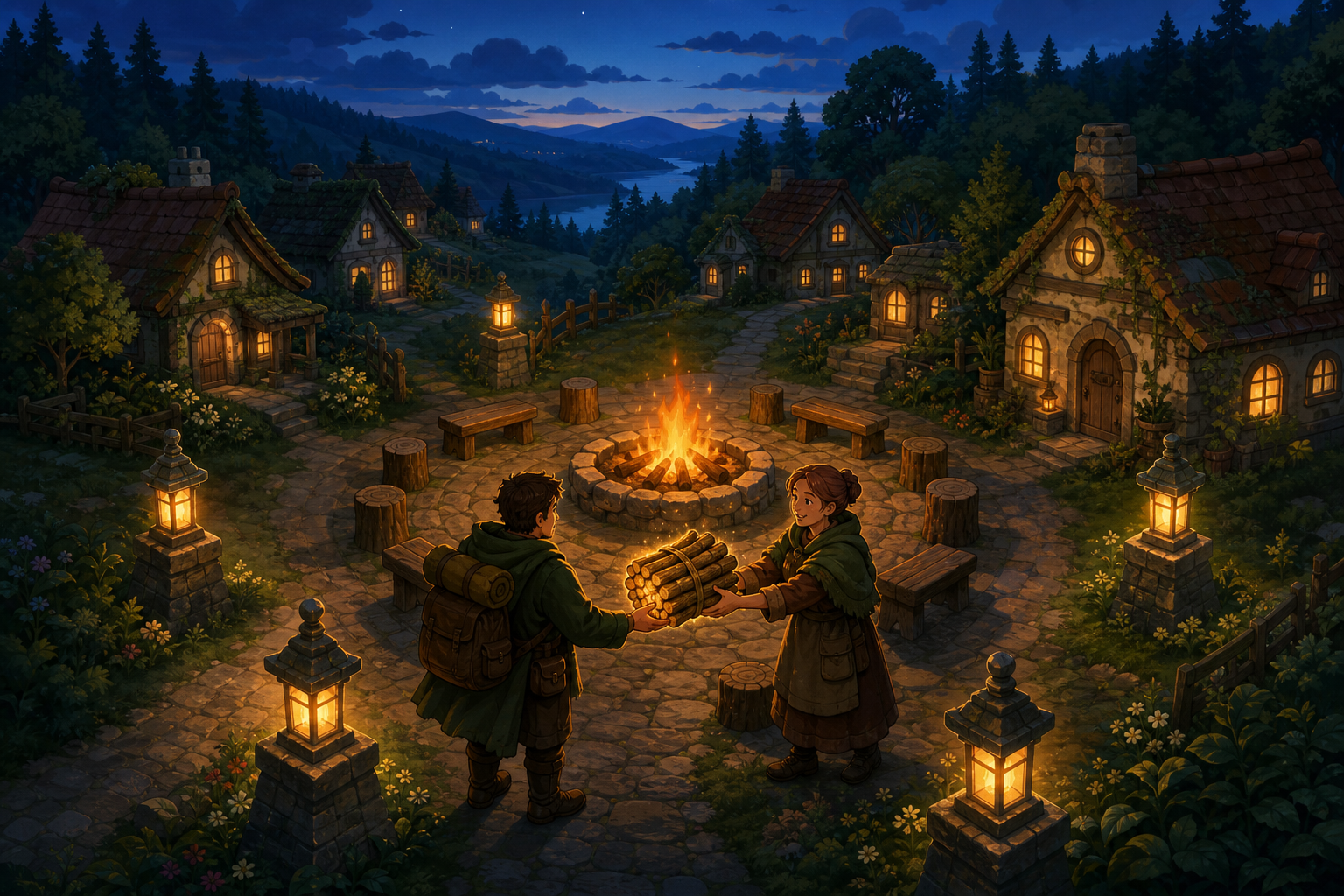 Storybook illustration of two keepers sharing kindling beside Oakridge's hearth and four restored road lanterns.